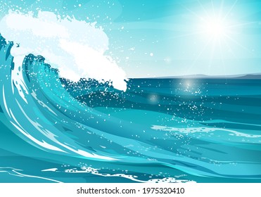 Sea or ocean with a huge rising wave with foam and splash. Sunny day at seaside. Vector cartoon illustration.