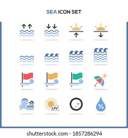 Sea and ocean icon set. Color icon set with round shadow. Vector illustration