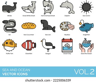 Sea and Ocean Icons including Anchor, Anglerfish, Beach, Boat, Clownfish, Compass, Coral, Crab, Dead, Diver, Dolphin, Eel, Fisherman, Floating Bag, Bottle