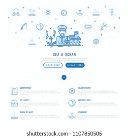 Sea and ocean journey concept: captain with ship and anchor. Thin line icons: sailboat, fishing, ship, oysters, anchor, octopus, compass, steering wheel. Modern vector illustration, web page template