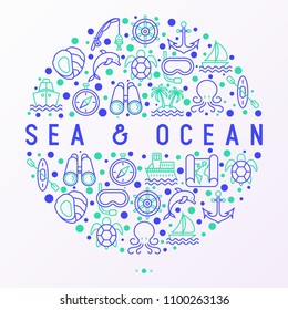 Sea and ocean journey concept in circle with thin line icons: sailboat, fishing, ship, oysters, anchor, octopus, compass, steering wheel, snorkel. Modern vector illustration, print media template