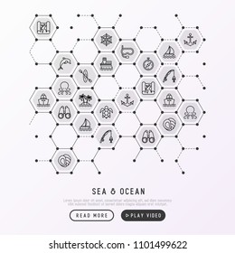 Sea and ocean journey concept in honeycombs with thin line icons: sailboat, fishing, ship, oysters, anchor, octopus, compass, steering wheel, snorkel. Modern vector illustration, print media template