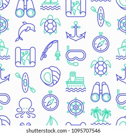 Sea and ocean journey seamless pattern with thin line icons: sailboat, fishing, ship, oysters, anchor, octopus, compass, steering wheel, snorkel, dolphin, sea turtle. Modern vector illustration.