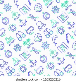 Sea and ocean journey seamless pattern with thin line icons: sailboat, fishing, ship, oysters, anchor, octopus, compass, steering wheel, snorkel, dolphin, sea turtle. Modern vector illustration.
