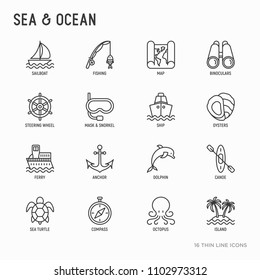 Sea and ocean journey thin line icons set: sailboat, fishing, ship, oysters, anchor, octopus, compass, steering wheel, snorkel, dolphin, sea turtle. Modern vector illustration.