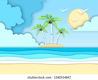 Sea or ocean landscape, sea beach cut out paper art style design
