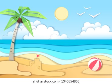 Sea or ocean landscape, sea beach cut out paper art style design