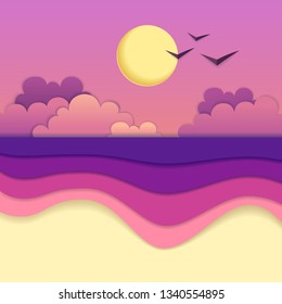 Sea or ocean landscape, sea beach cut out paper art style design