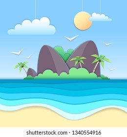 Sea or ocean landscape, sea beach cut out paper art style design