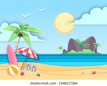Sea or ocean landscape, sea beach cut out paper art style design