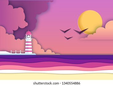 Sea or ocean landscape, sea beach  with lighthouse cut out paper art style design