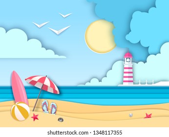 Sea or ocean landscape, sea beach with lighthouse cut out paper art style design