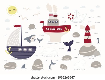 Sea, ocean landscape clipart, ships, rocks, lighthouse, shark, whale, isolated on white. Hand drawn vector illustration. Scene creator, elements set. Scandinavian style flat design. Kids print concept