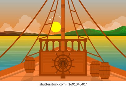 Sea Ocean Landscape View Captain Ship Wheel on Cruise Deck Illustration