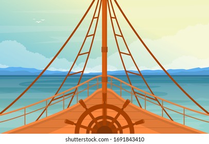 Ilustración de la rueda de barco en cubierta de crucero con vistas al paisaje marino