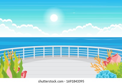 Sea Ocean Landscape View on Cruise Ship Deck Coral Reef Illustration