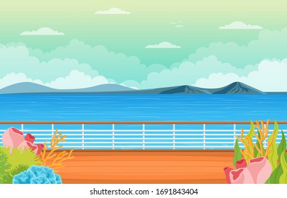 Sea Ocean Landscape View on Cruise Ship Deck Coral Reef Illustration