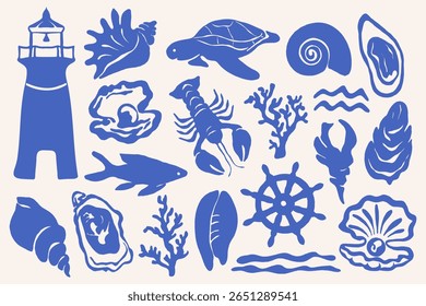 Sea ocean life. Abstract underwater creatures, doodle shells, shark, lobster, lighthouse, coral hand drawn doodle icons, summer contemporary art. Vector set