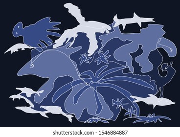 Sea and Ocean Life: Decorative drawing life of the underwater world. Artwork can be used as a greeting card, background, decorative fabric pattern, wallpaper. Fractal used in Art therapy.