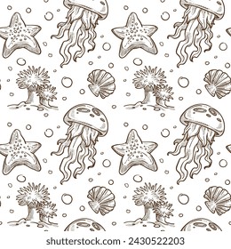 Sea and ocean life, marine dwellers. Madusa and conches, weeds and bubbles underwater. Snorkeling monochrome sketch outline. Seamless pattern, wallpaper background print. Vector in flat style