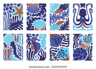 Sea ocean life seamless pattern blue color ornamental abstract blocks isolated set on white background. Banner templates with nautical motif decorated underwater plants and animals vector illustration