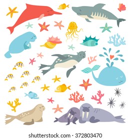 Sea and ocean life set, flat cartoon vector illustration. Isolated on white background