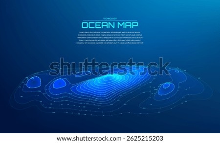 Sea ocean map topography background. Geography digital line mountain terrain contour vector. Abstract 3D wire relief HUD chart design wide plan. Marine navigation geo pattern hologram banner.