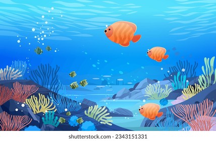 sea or ocean marine fauna with fish and coral reef underwater recreational activity concept