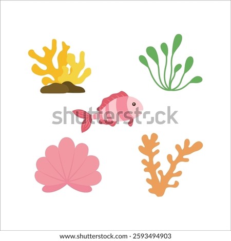Sea Ocean Marine Life Elements Set of Fish Coral Reef Seaweed Scallop Shell