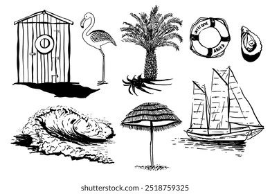 Mar, objeto oceánico. Cabana, flamenco, palma, ola, sombrilla, barco Diseño mínimo dibujado a mano. para Fondo de pantalla, Plantilla, Anuncio, decoración de la pared, impresión, postal, cubierta. Ilustración vectorial