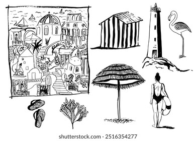 Sea, ocean object. Santorini, cabana, lighthouse, algues, parasol, surf woman. Hand drawn minimal design. for wallpaper, template, banner, wall decor, print, postcard, cover. Vector illustration