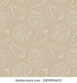 Sea ocean pattern with seashells on the sand beach, beige background. Vector illustration