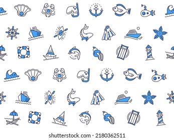 Sea and ocean pattern. Summer vacation. Water wave and sailing icons. Helm blue symbols. Cruise ship anchor. Submarine and yacht. Aquatic animals. Vector marine seamless background