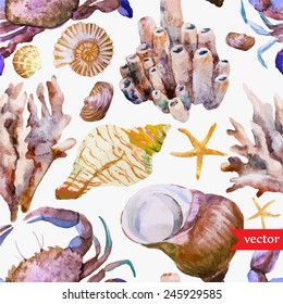 sea, ocean, pattern, watercolor shells, coral, crab, background