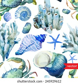 sea, ocean, pattern, watercolor shells, coral, crab, wallpaper