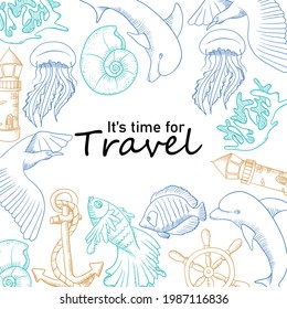 sea ocean postcard design with jellyfish, seashells, dolphin, lighthouse, anchor, fish, gull. Line art color vector illustration