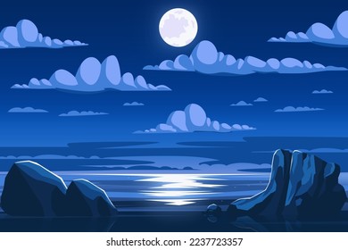 Sea ocean scenery at night with full moon and cloud background vector illustration