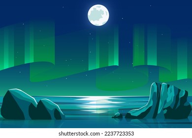 Paisaje oceánico marino por la noche con aurora verde ilustración vectorial