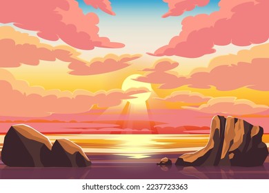 Sea ocean scenery at sunset with orange sun vector illustration