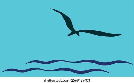 sea, ocean, seagull, bird, cormorant, flight, vector, illustration, abstraction, waves, breeze, sign, brand, picture.eps