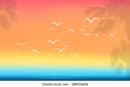 sea ocean seagulls palms holidays horizontal landscape vector version