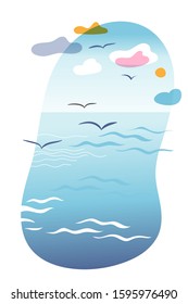 Sea or ocean with seagulls in sky panoramic scene. Water waves and flying birds. Natural seascape. Sea landscape. Cruise, travel and tourism. Cutout marine cartoon. Vector flat illustration