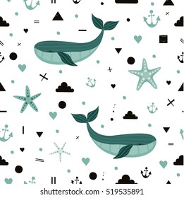 Sea, ocean. Seamless pattern. All elements are  hidden under mask. Pattern are not cropped and can be edited. 