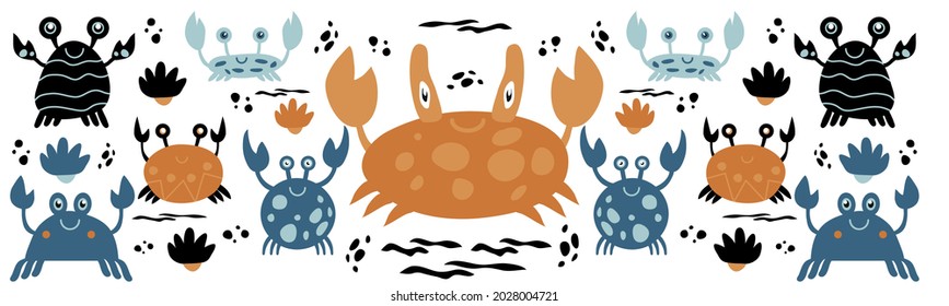 The sea ocean. A set of painted cartoon crabs in the Scandinavian style. Underwater inhabitants. Design for wallpaper or textiles. Clothing for children. Seashells.