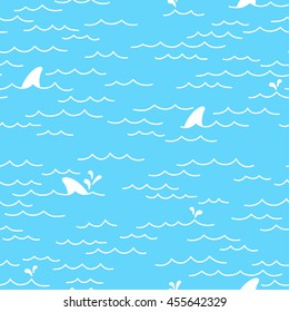 Sea Ocean Shark whale dolphin vector doodle Seamless pattern isolated wallpaper background