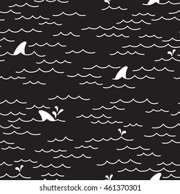 Sea Ocean Shark whale dolphin doodle vector Seamless pattern isolated wallpaper background black