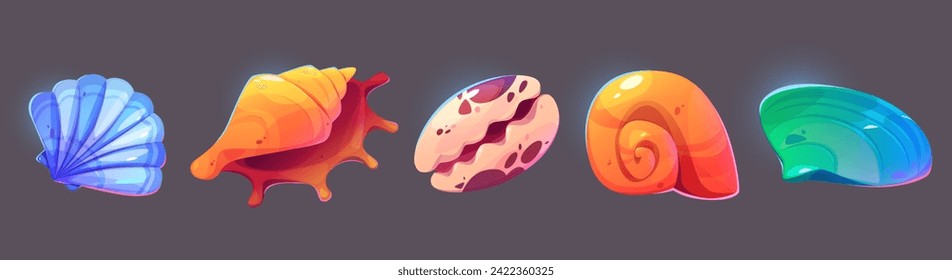 Sea or ocean shell game ui icon collection. Cartoon vector illustration set of colorful marine underwater creatures with conch. Aquarium and seabed snail horned clam, closed scallop and shellfish.