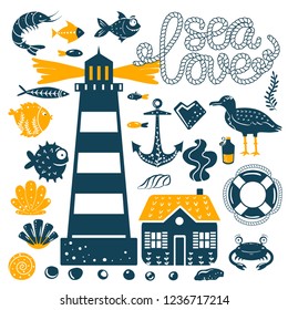 Sea ocean simple styling print set. Two color. Quote lettering with sea rope. Print for kids t-shirt and sea style souvenirs. Isolated on white background collection