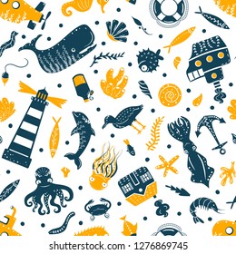 Sea ocean simple styling seamless pattern print. Two color. Print for kids t-shirt and sea style souvenirs. Isolated on white background collection
