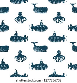 Sea ocean simple styling seamless pattern print with submarine, octopus and while. Two color. Print for kids t-shirt and sea style souvenirs. Isolated on white background collection